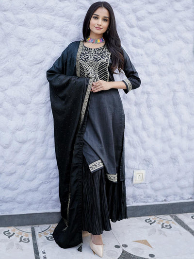 Charcoal Yoke Design Silk Blend Straight Kurta With Sharara & Dupatta - Libas