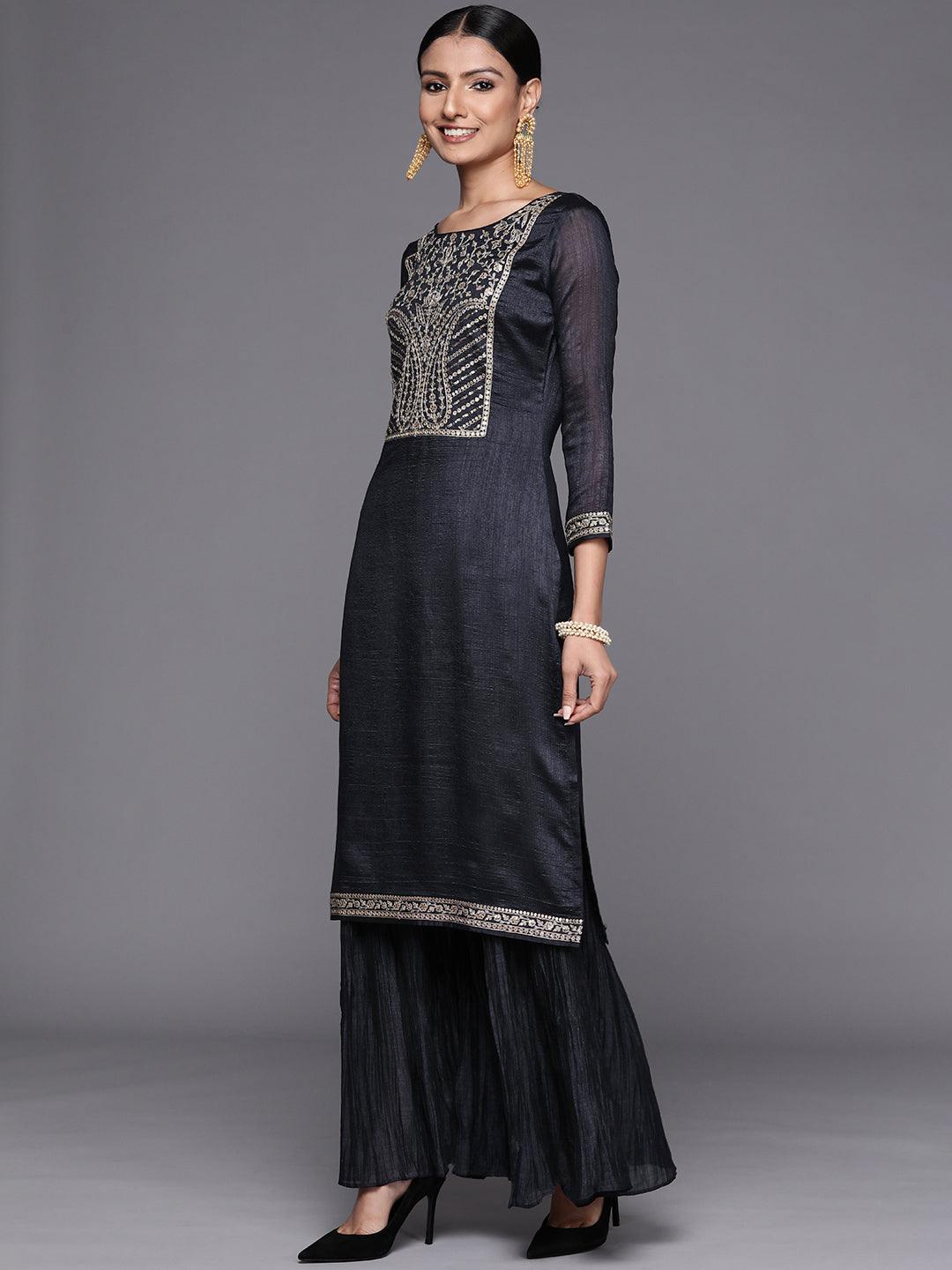 Charcoal Yoke Design Silk Blend Straight Sharara Suit Set With Dupatta