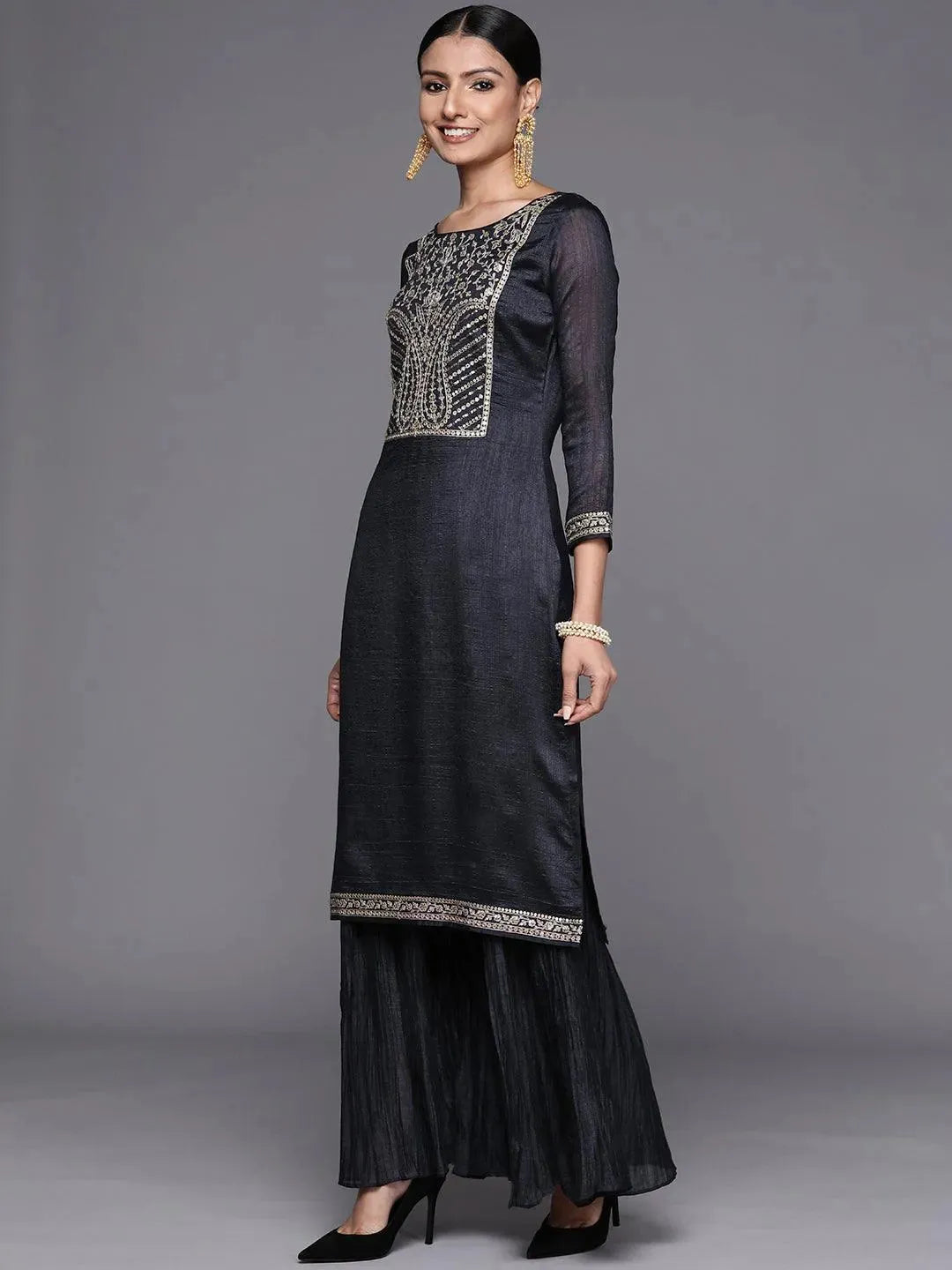 Charcoal Yoke Design Silk Blend Straight Suit Set - Libas