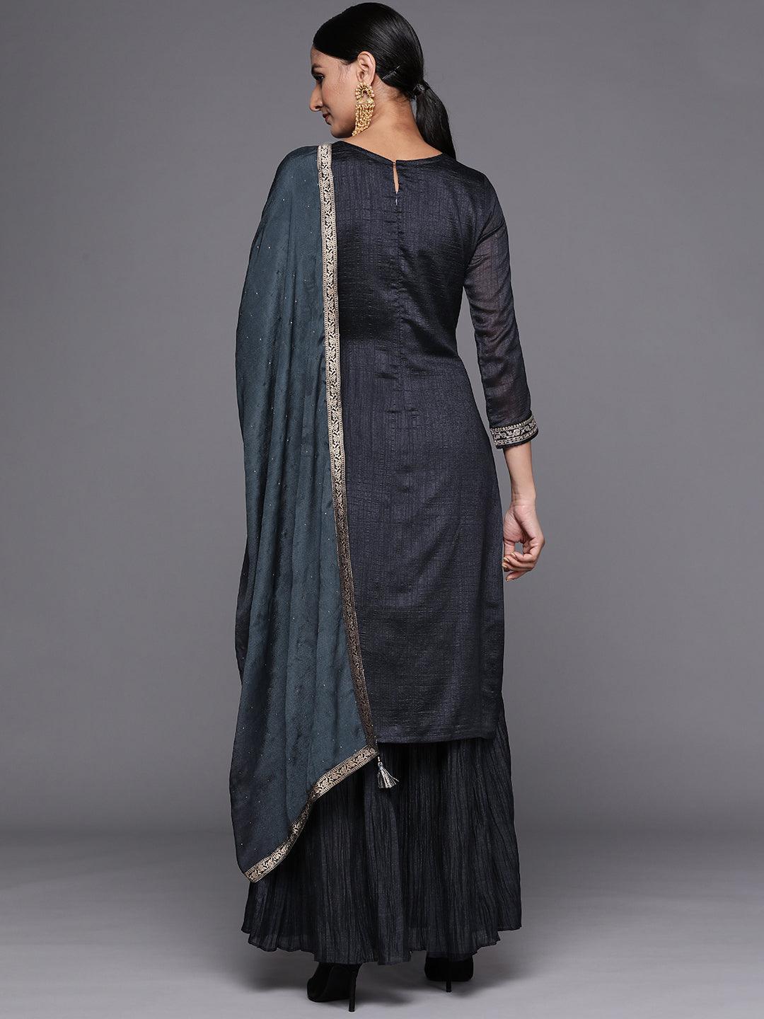 Charcoal Yoke Design Silk Blend Straight Sharara Suit Set With Dupatta