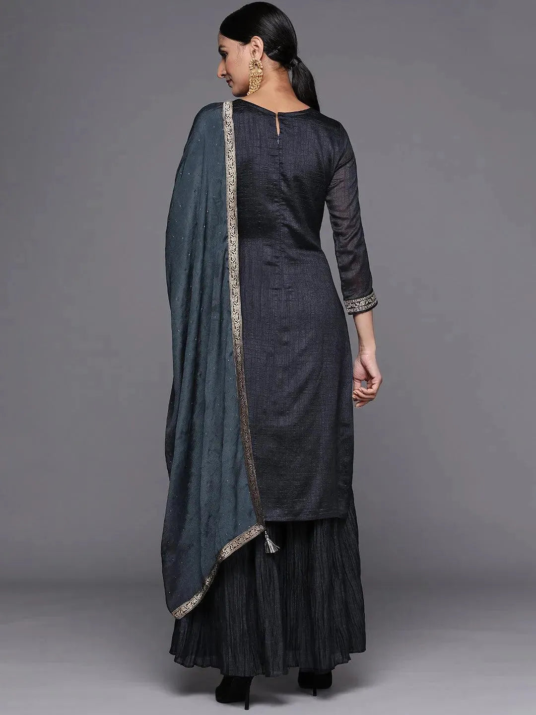 Charcoal Yoke Design Silk Blend Straight Suit Set - Libas