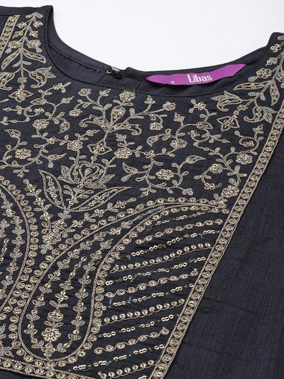 Charcoal Yoke Design Silk Blend Straight Suit Set - Libas