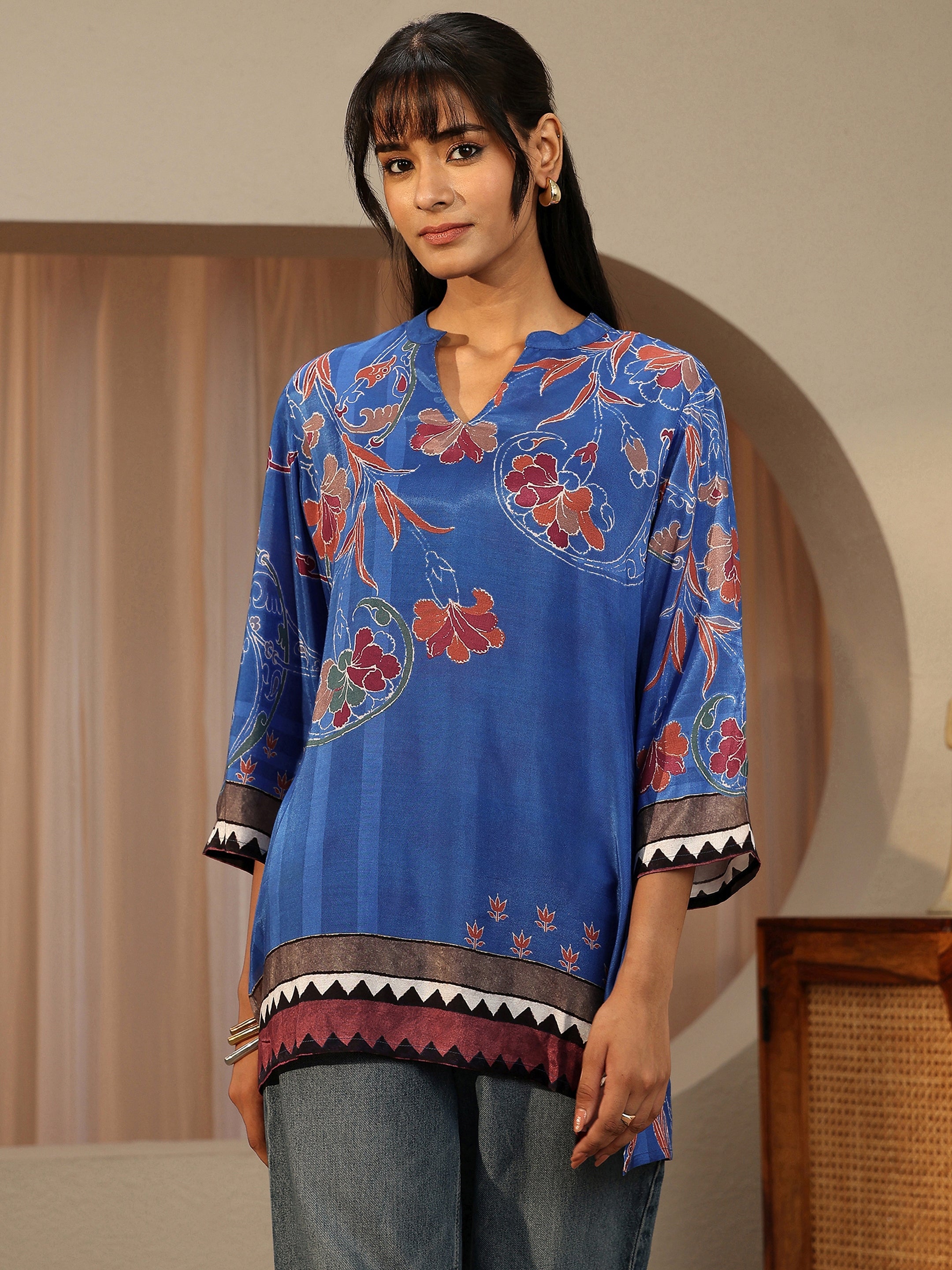 libas Cobalt Blue Floral Printed Muslin Straight Short Kurti-picture-27