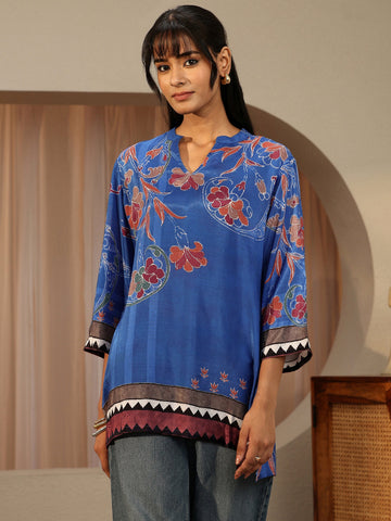 Cobalt Blue Floral Printed Muslin Straight Short Kurti