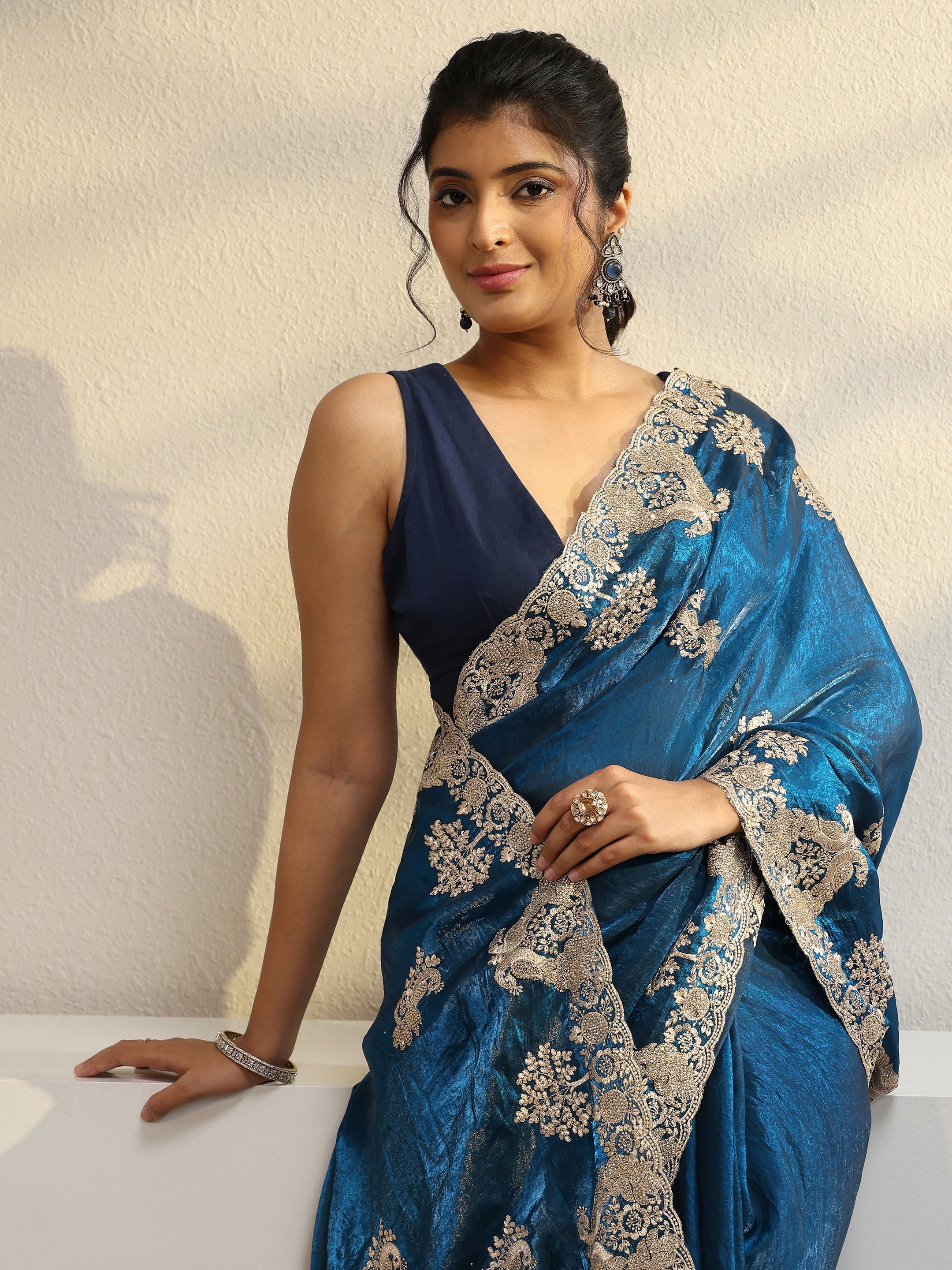 libas Cobalt Blue Peacock Embroidered Tissue Saree-picture-12