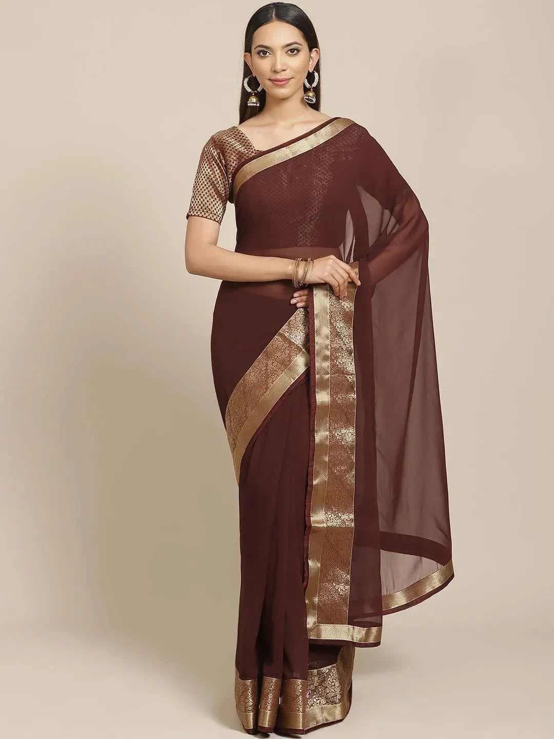Coffee Brown Solid Georgette Saree - Libas 