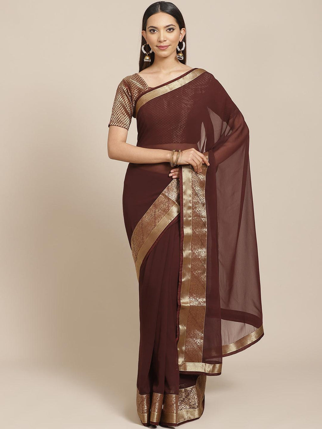 Buy Coffee Brown Satin Saree With Floral Print And Blouse With Stone Work