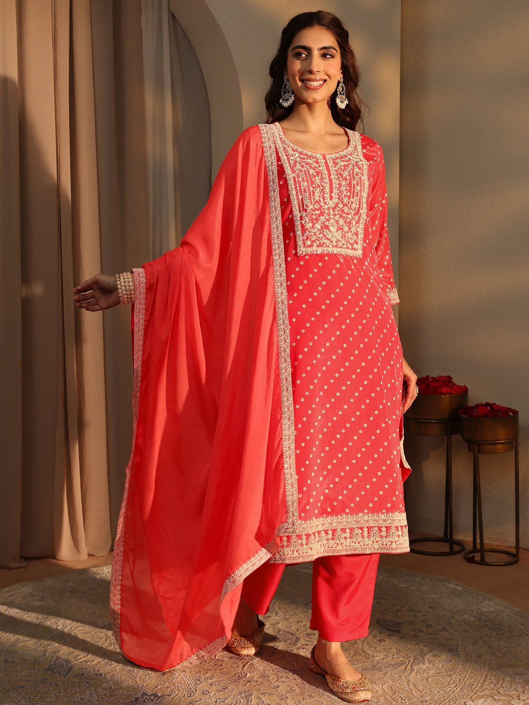  Coral Bandhani Printed Chinon Straight Suit Set With Dupatta 