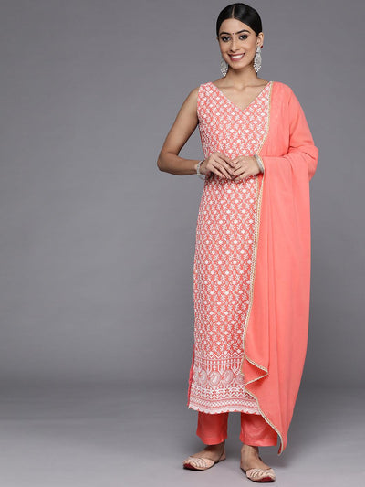 Coral Embroidered Georgette Straight Suit Set With Trousers - Libas