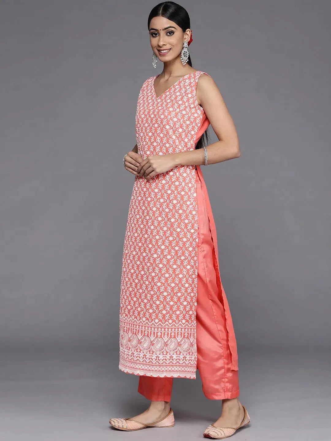 Coral Embroidered Georgette Straight Suit Set With Trousers - Libas 