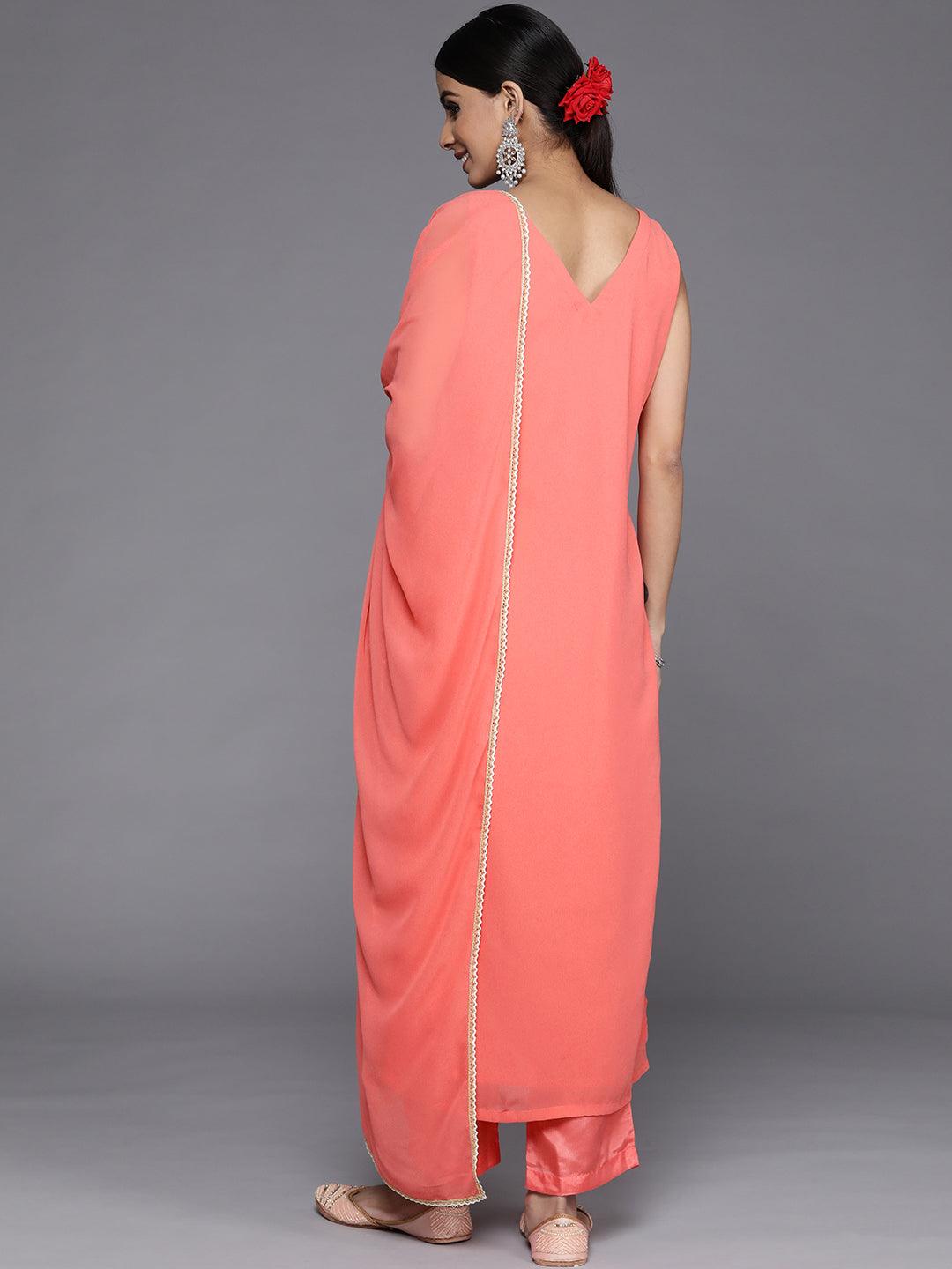 Coral Embroidered Georgette Straight Kurta With Dupatta