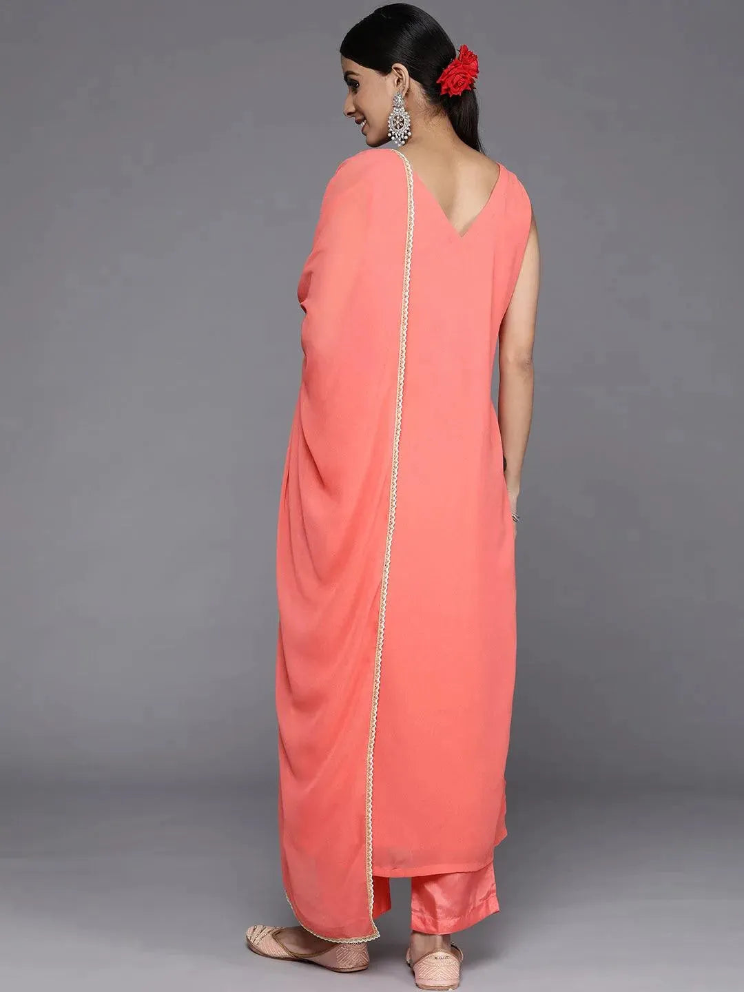 Coral Embroidered Georgette Straight Suit Set With Trousers - Libas 