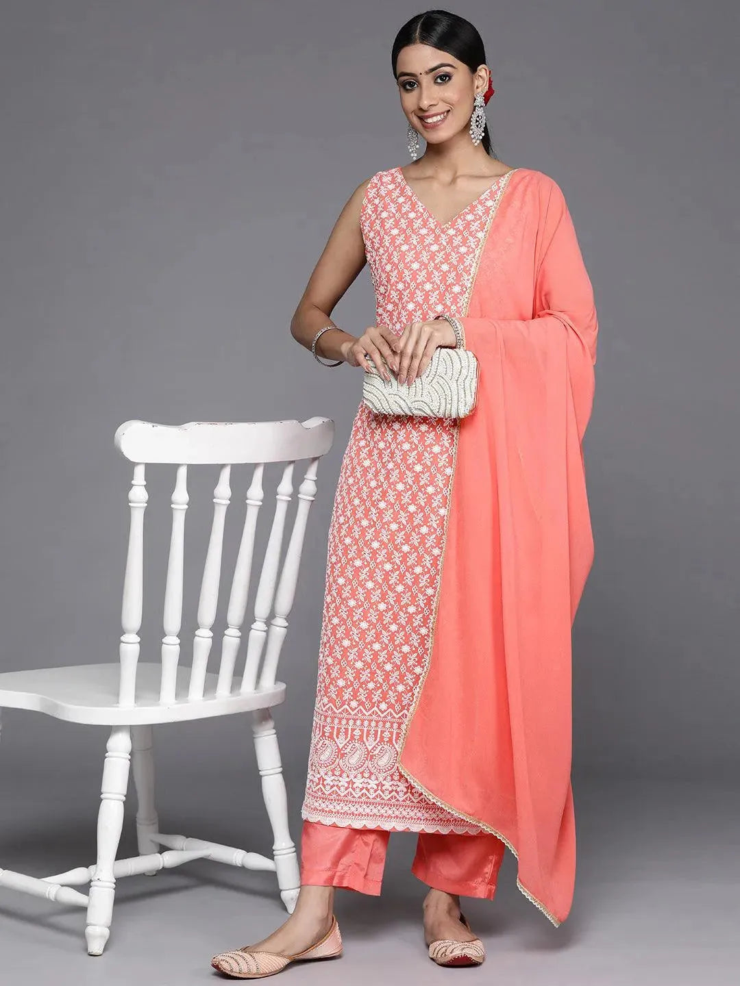 Coral Embroidered Georgette Straight Suit Set With Trousers - Libas 