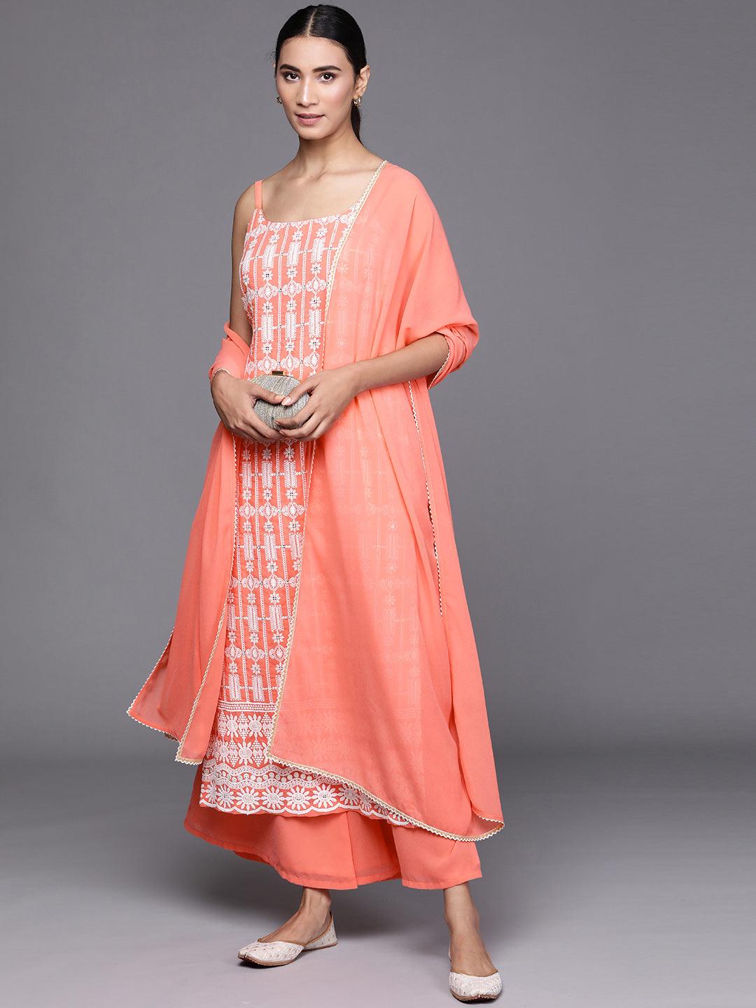 Coral Embroidered Georgette Straight Kurta With Palazzos & Dupatta