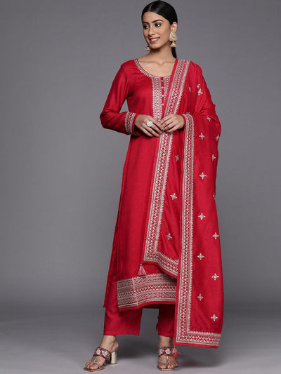 Coral Embroidered Silk Blend Straight Suit Set - Libas