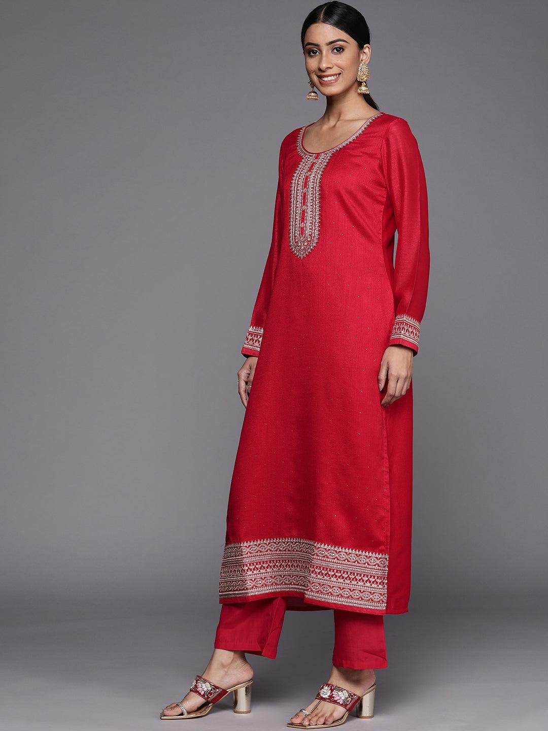 Coral Embroidered Silk Blend Straight Suit Set - Libas