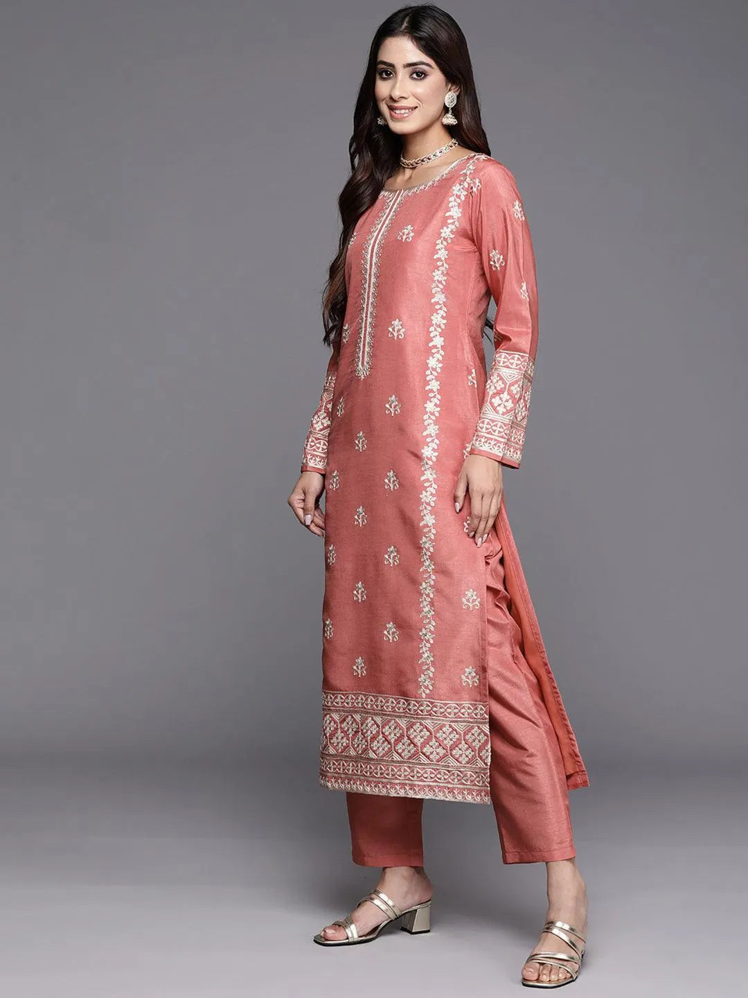 Coral Embroidered Silk Blend Straight Kurta With Trousers & Dupatta - Libas 