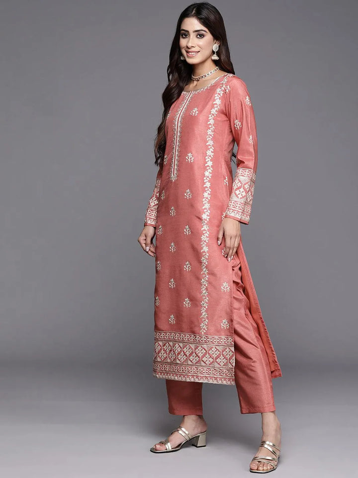 Coral Embroidered Silk Blend Straight Kurta With Trousers & Dupatta - Libas