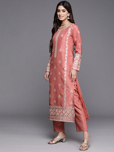 Coral Embroidered Silk Blend Straight Kurta With Trousers & Dupatta - Libas