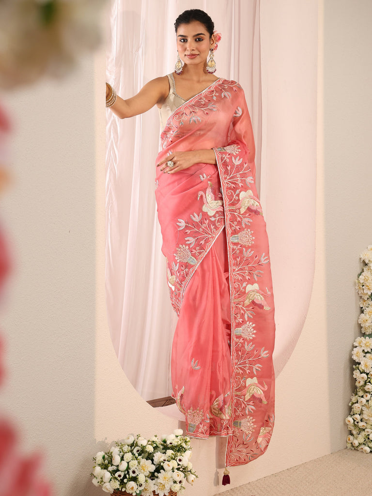 Libas Coral Floral Embroidered Organza Saree With Unstitched Blouse Piece