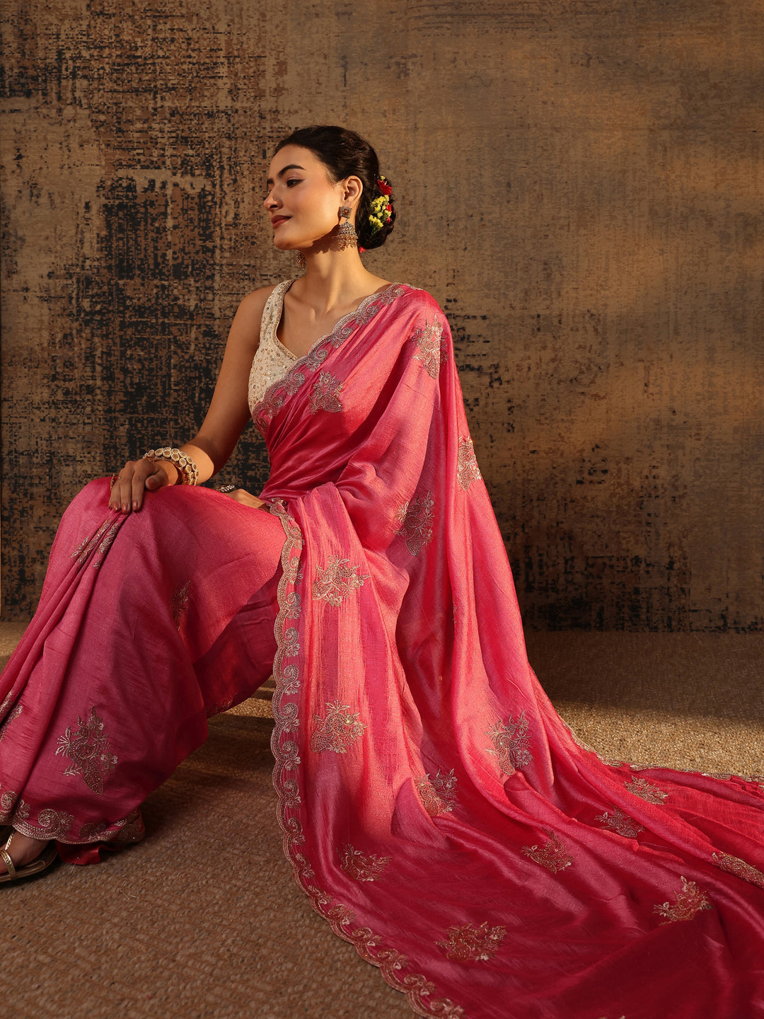  Coral Floral Embroidered Silk Blend Saree With Unstitched Blouse Piece 