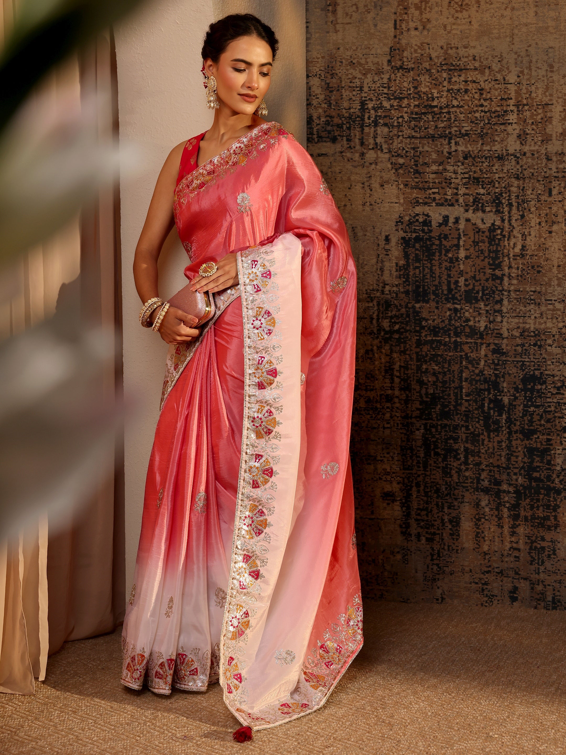 libas Coral Floral Embroidered Tissue Saree With Unstitched Blouse Piece-picture-43