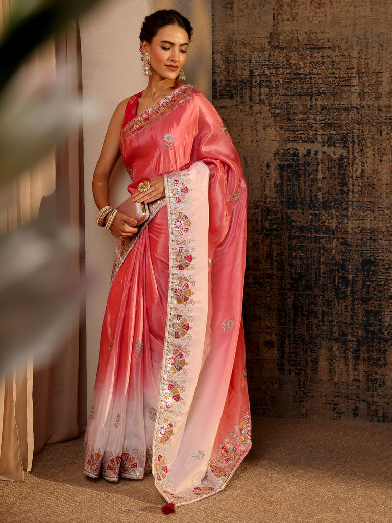 Libas Coral Floral Embroidered Tissue Saree With Unstitched Blouse Piece