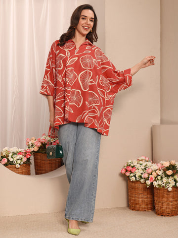 Libas Coral Floral Printed Cotton Straight Short Kurti