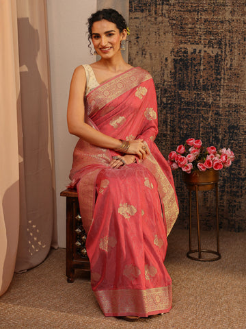 Coral Floral Woven Design Silk Blend Saree With Unstitched Blouse Piece