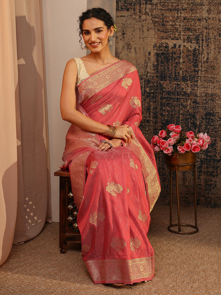 Libas Coral Floral Woven Design Silk Blend Saree With Unstitched Blouse Piece