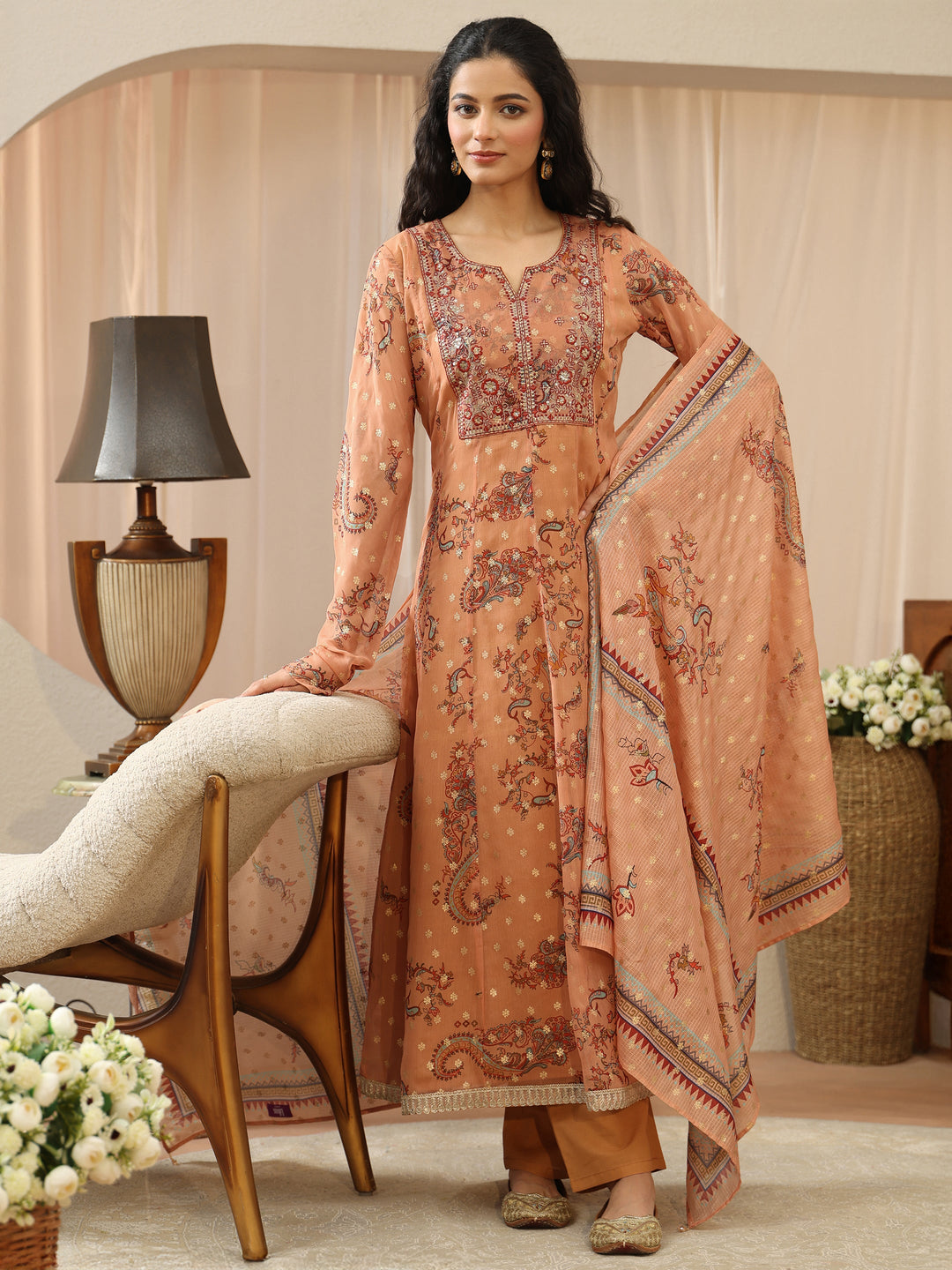  Coral Orange Floral Printed Chiffon Anarkali Suit Set 