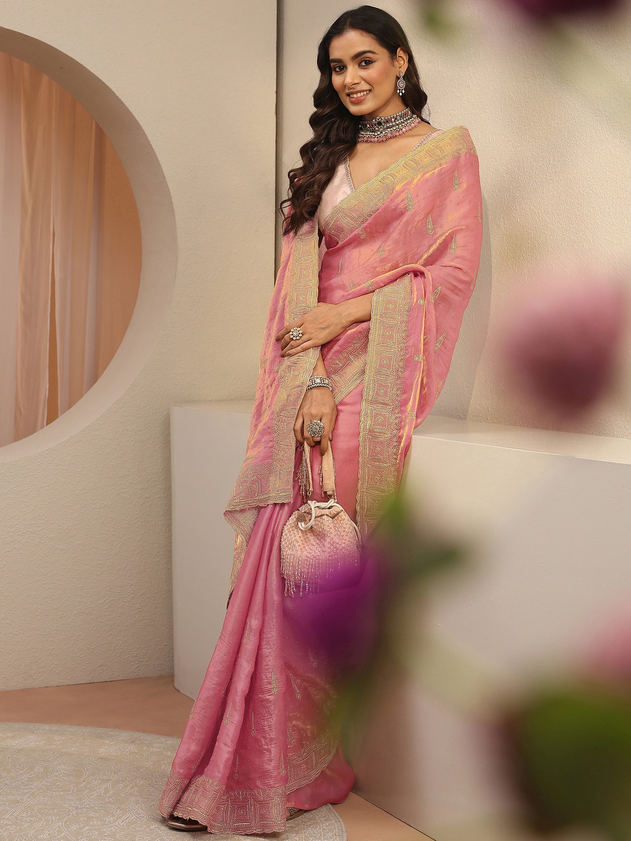 Coral Pink Ethnic Embellished Tissue Saree-image-13