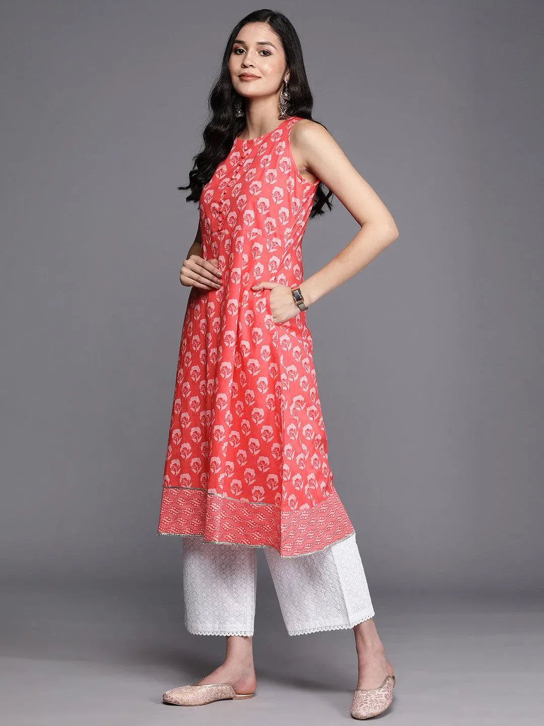 Coral Printed Cotton A-Line Kurta - Libas