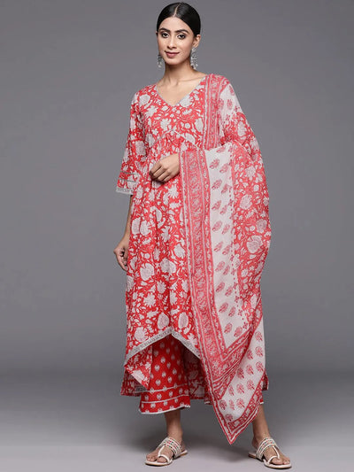 Coral Printed Cotton A-Line Kurta With Palazzos & Dupatta - Libas