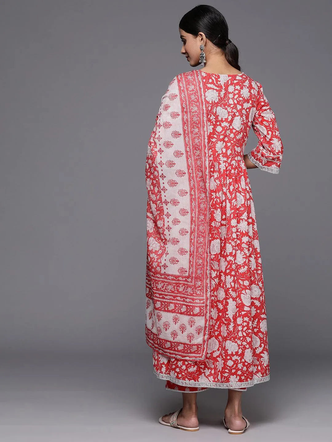 Coral Printed Cotton A-Line Kurta With Palazzos & Dupatta - Libas 