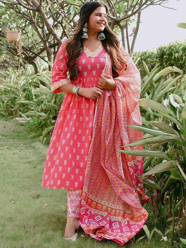 Coral Printed Cotton A-Line Kurta With Trousers & Dupatta - Libas