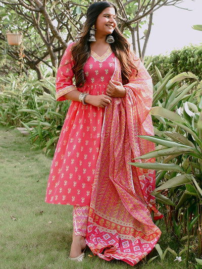 Coral Printed Cotton A-Line Kurta With Trousers & Dupatta - Libas
