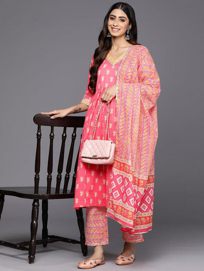 Coral Printed Cotton A-Line Suit Set With Trousers - Libas