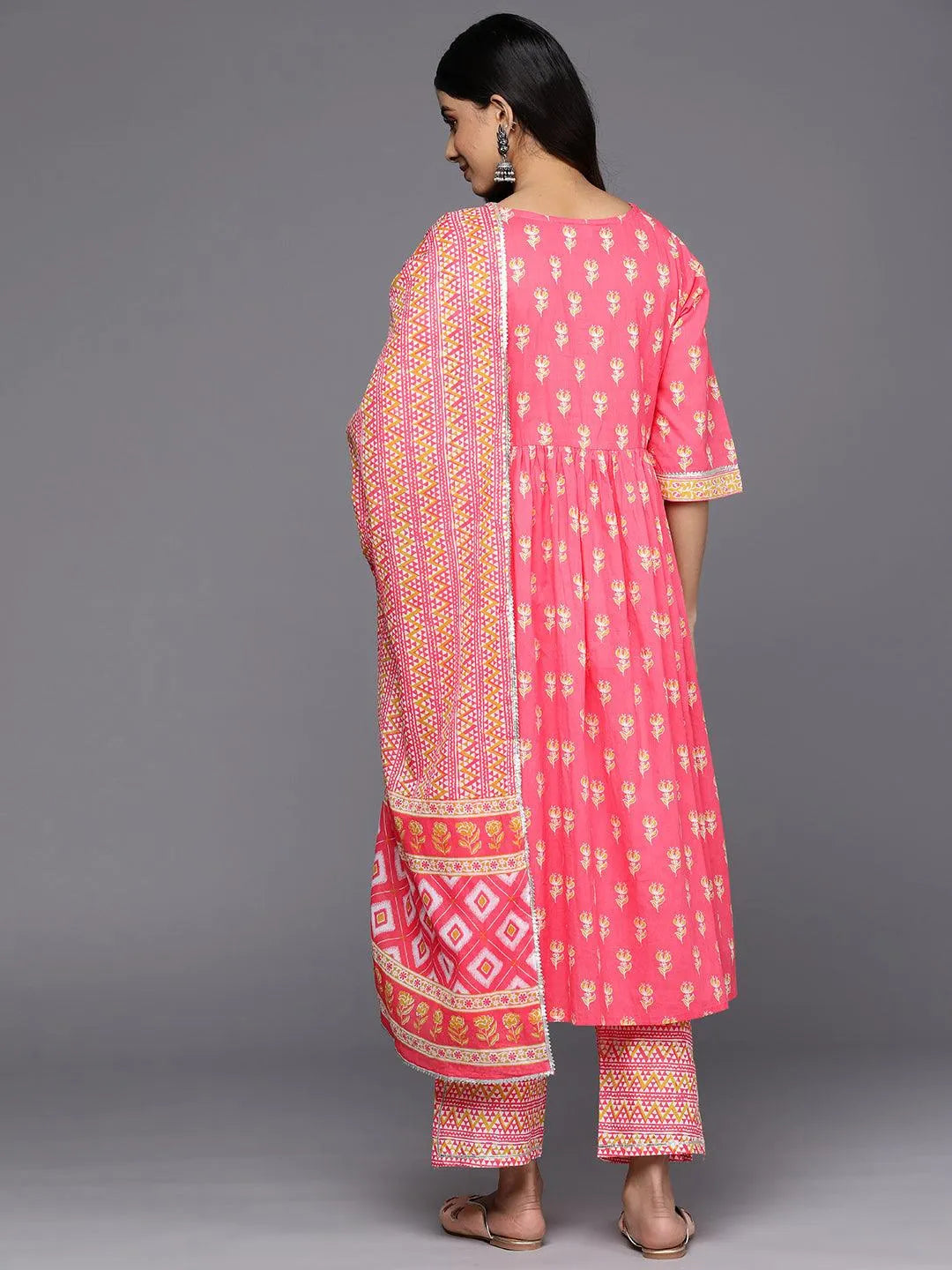 Coral Printed Cotton A-Line Suit Set With Trousers - Libas 