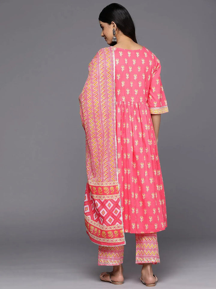 Coral Printed Cotton A-Line Suit Set With Trousers - Libas