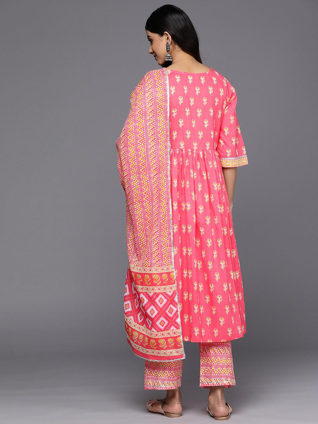 Coral Printed Cotton A-Line Suit Set With Trousers - Libas