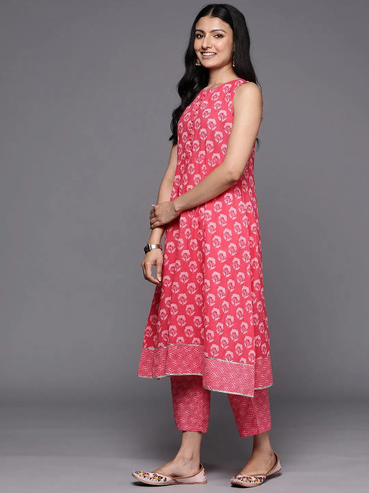 Coral Printed Cotton A-Line Kurta Set With Trousers - Libas