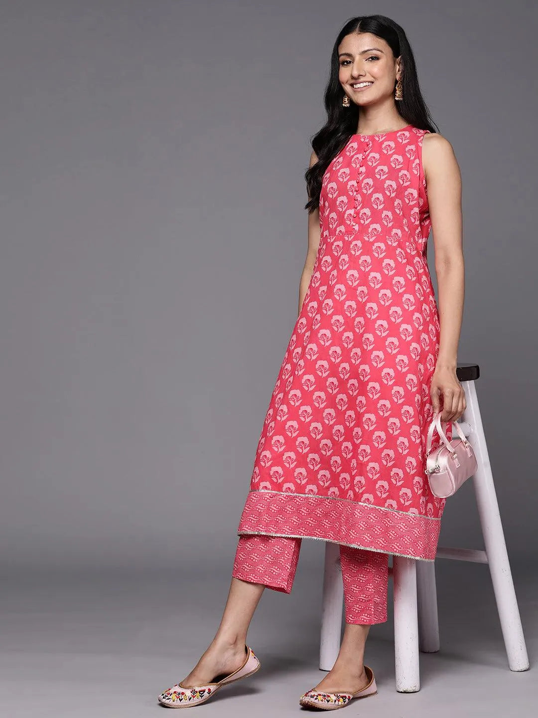 Coral Printed Cotton A-Line Kurta Set With Trousers - Libas 
