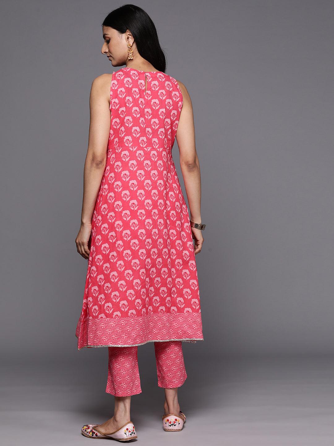 Coral Printed Cotton A-Line Kurta Set With Trousers - Libas