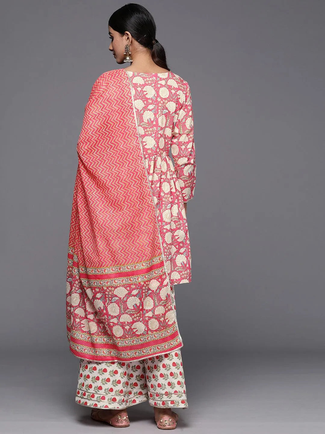 Coral Printed Cotton A-Line Kurti With Sharara & Dupatta - Libas 