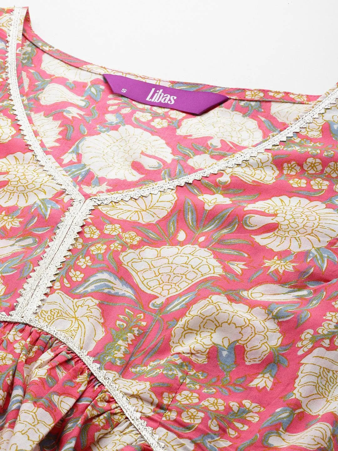 Coral Printed Cotton A-Line Kurti With Sharara & Dupatta - Libas 