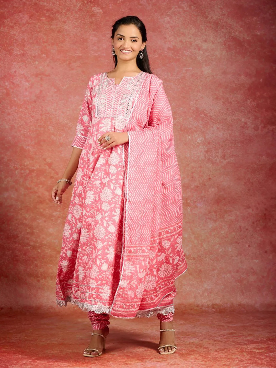 Coral Printed Cotton Anarkali Kurta With Churidar & Dupatta - Libas