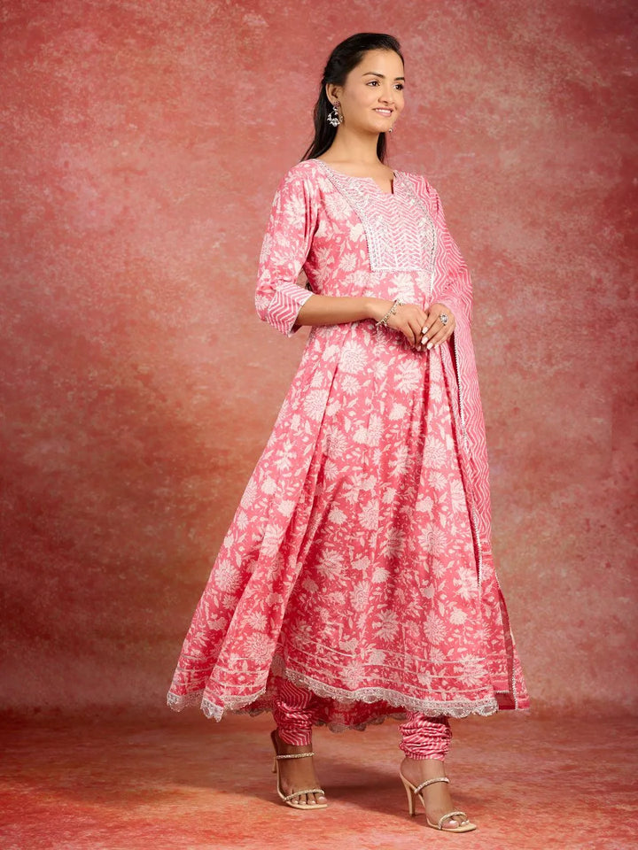 Coral Printed Cotton Anarkali Kurta With Churidar & Dupatta - Libas