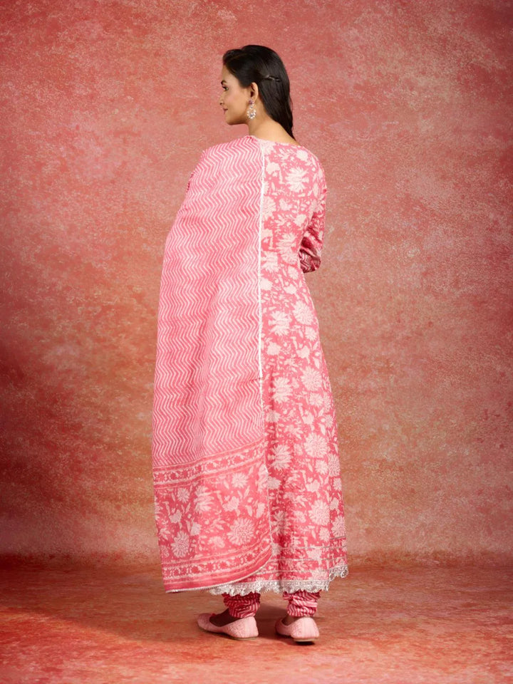 Coral Printed Cotton Anarkali Kurta With Churidar & Dupatta - Libas
