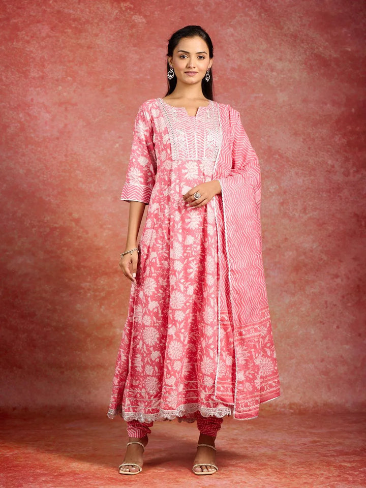 Coral Printed Cotton Anarkali Kurta With Churidar & Dupatta - Libas